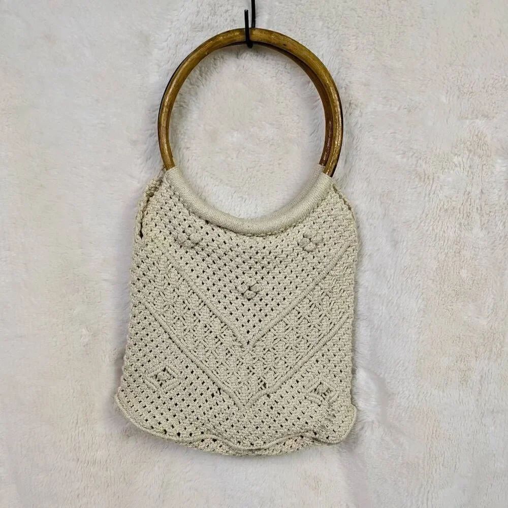 Macrame Bag  Natural Crochet Woven Handbag Wood Ring Purse Boho Hand Made